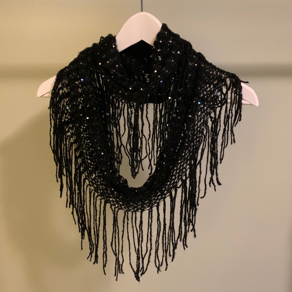 Sparkly black knit infinity scarf.